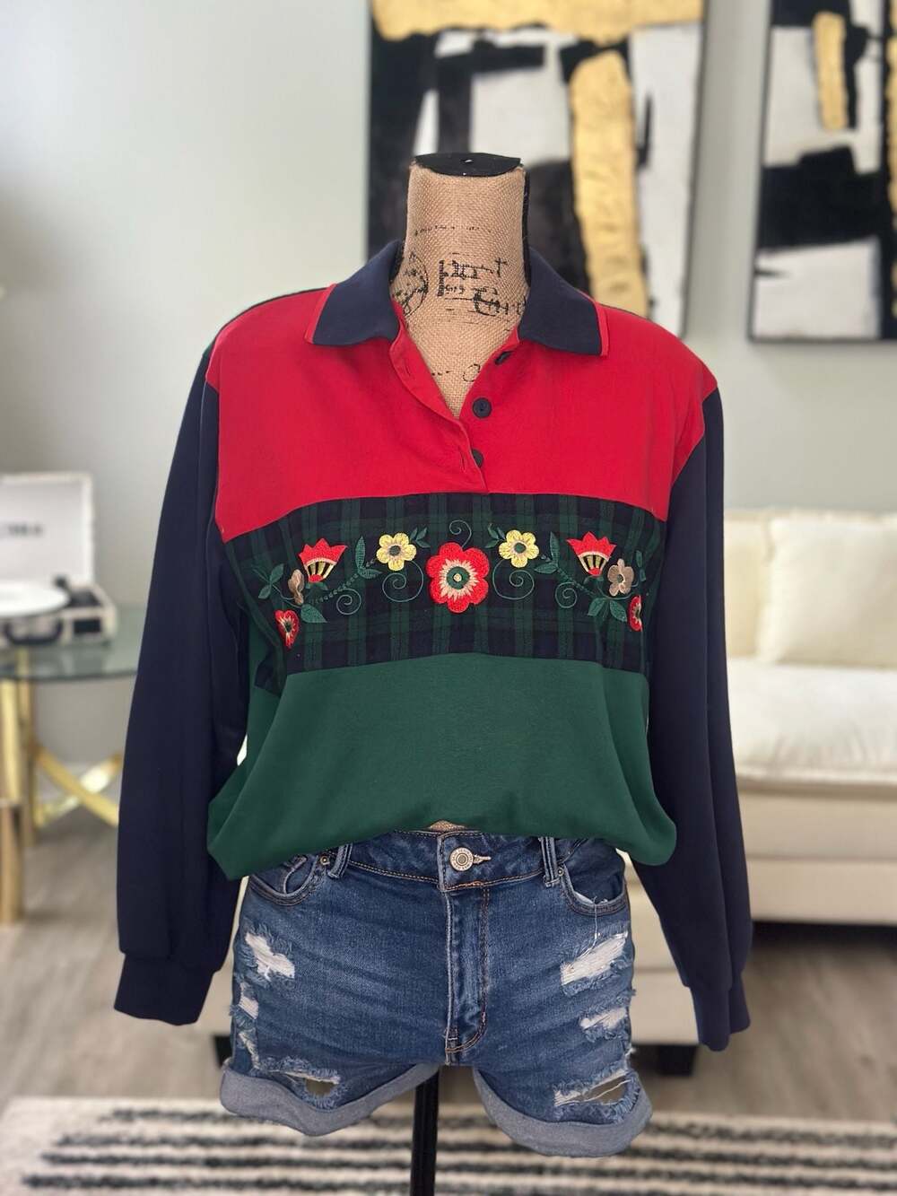 Vintage Alfred Dunner Colorblock Embroidered Floral Plaid Pullover Sweater